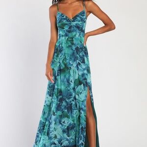 Lulus Beautiful Soul Teal Green Floral Print Twist-front Maxi Dress - Size M